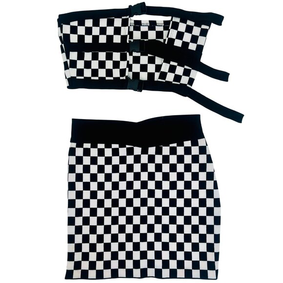 Checkered Black & White Buckle Front Crop Top & Mini Skirt Rave EDM 2 Piece Set - Picture 15 of 16